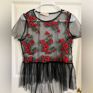 Flower Embroidered Peplum Top